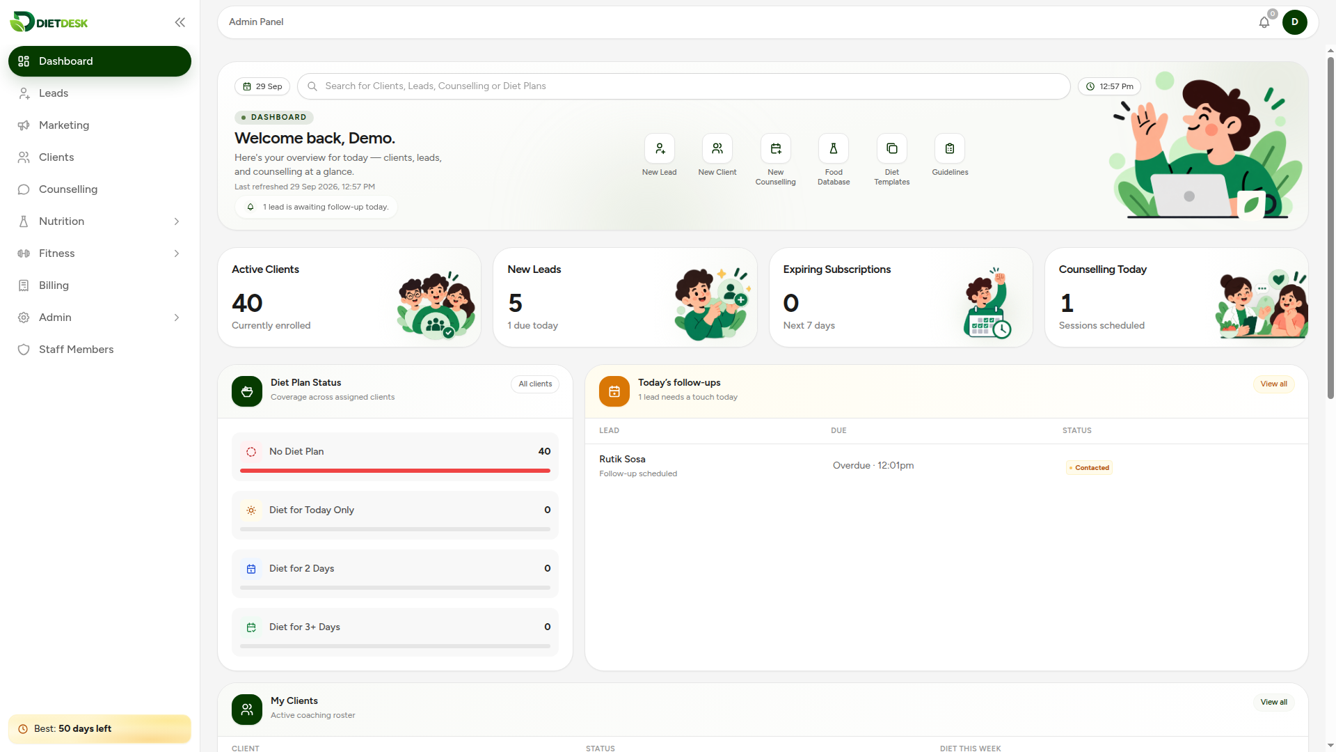 DietDesk clinic dashboard